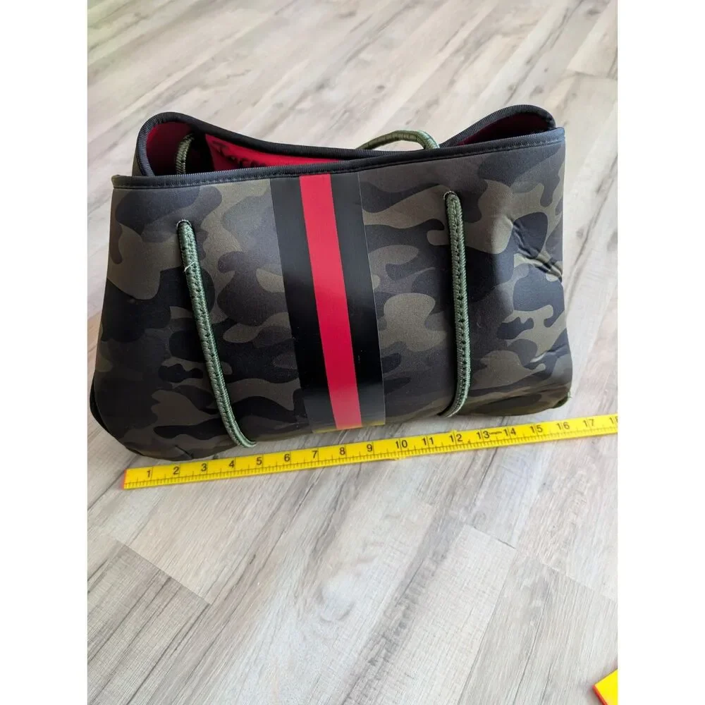 Haute Shore Greyson Soho Neoprene Tote Bag in Green Camo with Red Stripe (C4) - Picture 8 of 10
